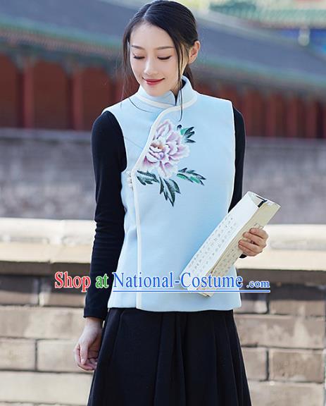 Traditional Chinese National Costume Hanfu Printing Peony Cheongsam Vests, China Tang Suit Waistcoat for Women