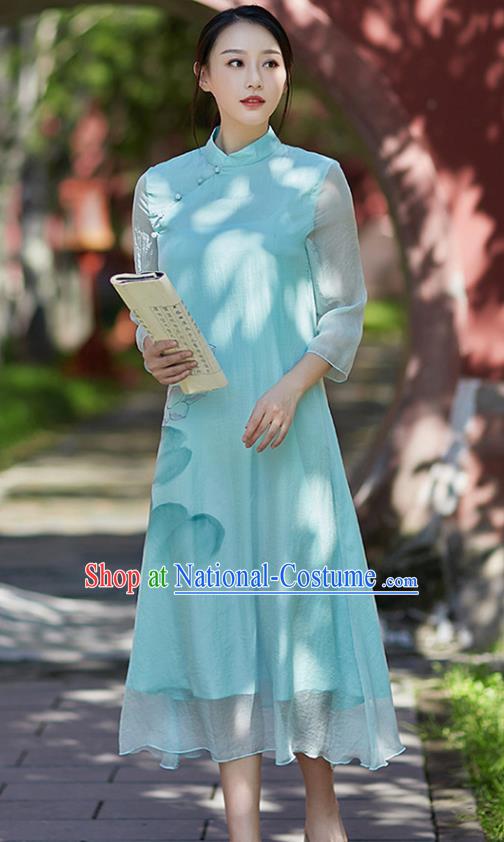 Traditional Chinese National Costume Hanfu Painting Lotus Blue Qipao Dress, China Tang Suit Cheongsam for Women