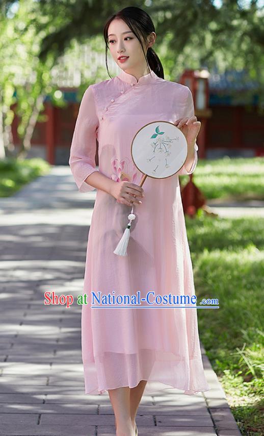 Traditional Chinese National Costume Hanfu Painting Lotus Pink Qipao Dress, China Tang Suit Cheongsam for Women