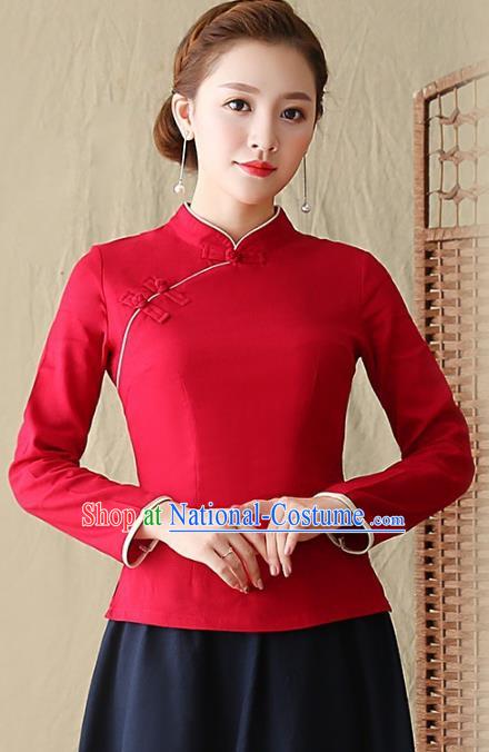 Traditional Chinese National Costume Hanfu Plated Buttons Shirts, China Tang Suit Cheongsam Upper Outer Garment Red Blouse for Women