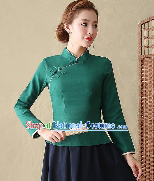 Traditional Chinese National Costume Hanfu Plated Buttons Shirts, China Tang Suit Cheongsam Upper Outer Garment Green Blouse for Women