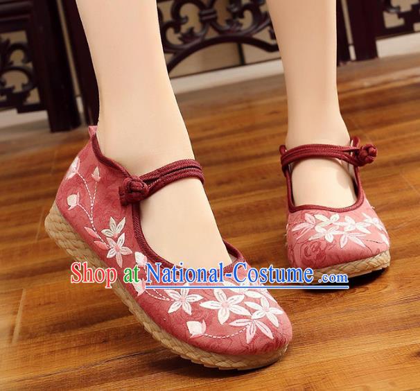 Traditional Chinese National Hanfu Embroidery Cherry Blossom Red Shoes, China Princess Embroidered Shoes for Women