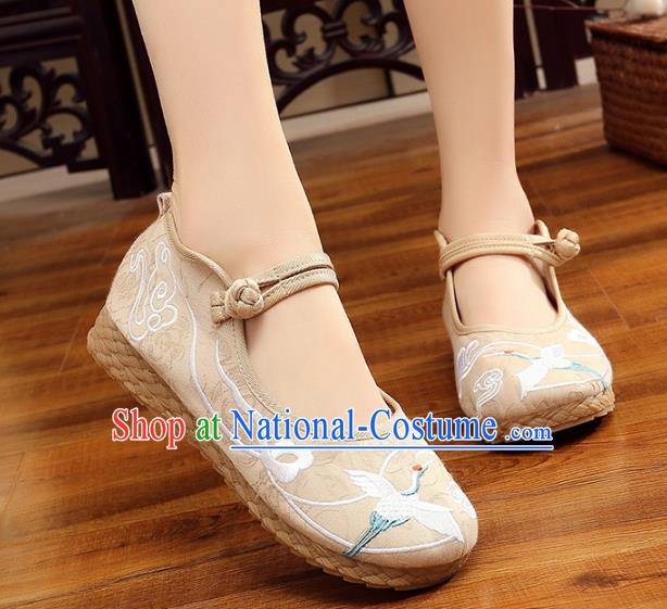 Traditional Chinese National Hanfu White Embroidery Crane Shoes, China Princess Embroidered Shoes for Women