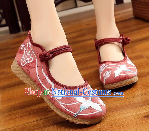 Traditional Chinese National Hanfu Red Embroidery Crane Shoes, China Princess Embroidered Shoes for Women