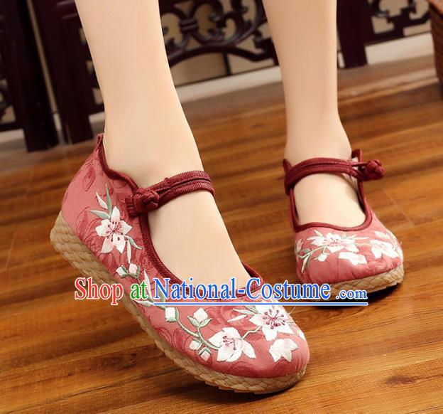 Traditional Chinese National Hanfu Embroidery Peach Blossom Red Shoes, China Princess Embroidered Shoes for Women