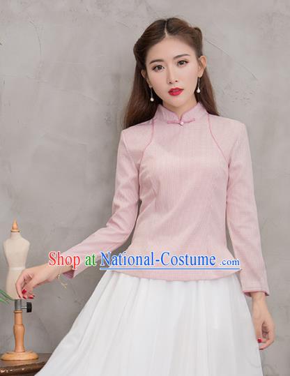 Traditional Chinese National Costume Hanfu Pink Stand Collar Blouse, China Tang Suit Cheongsam Upper Outer Garment Shirt for Women