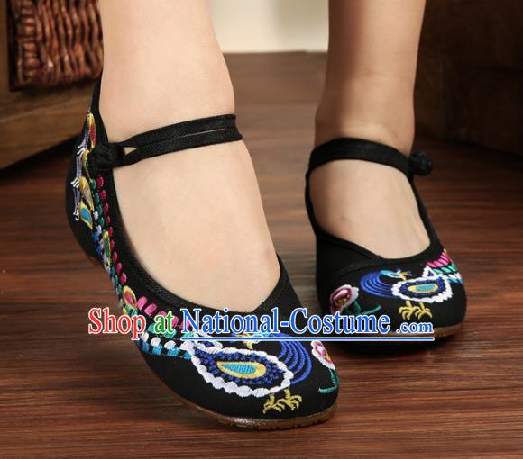 Traditional Chinese National Hanfu Embroidery Phoenix Black Shoes, China Princess Embroidered Shoes for Women