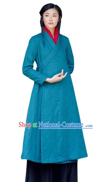 Traditional Chinese National Costume Hanfu Slant Opening Cotton-padded Coats, China Tang Suit Blue Dust Coat for Women