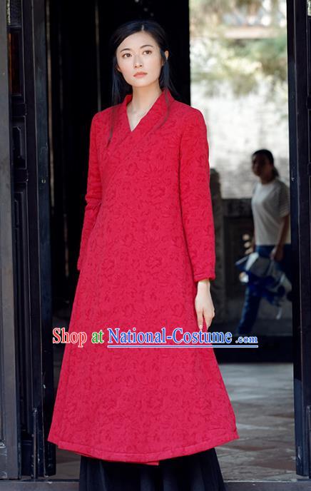 Traditional Chinese National Costume Hanfu Slant Opening Cotton-padded Coats, China Tang Suit Red Dust Coat for Women