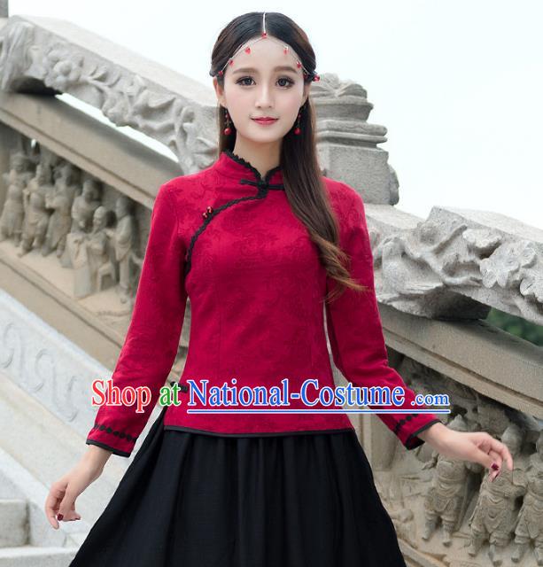 Traditional Chinese National Costume Hanfu Embroidery Red Lace Blouse, China Tang Suit Cheongsam Upper Outer Garment Shirt for Women