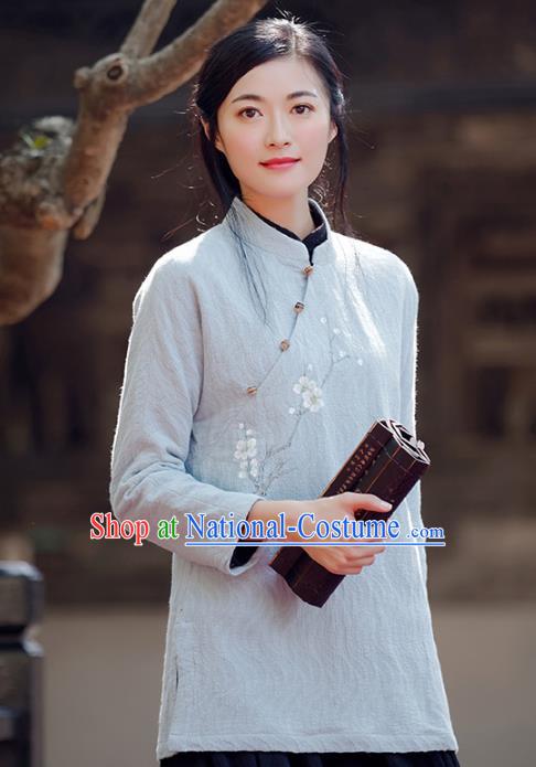 Traditional Chinese National Costume Hanfu Printing Wintersweet Grey Blouse, China Tang Suit Cheongsam Upper Outer Garment Shirt for Women