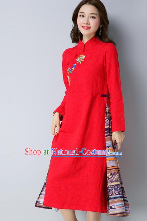 Traditional Chinese National Costume Hanfu Embroidered Red Qipao Dress, China Tang Suit Cheongsam for Women