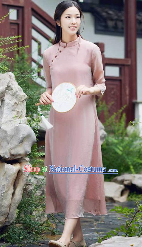 Traditional Chinese National Costume Hanfu Slant Opening Pink Qipao Dress, China Tang Suit Cheongsam for Women