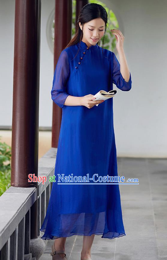 Traditional Chinese National Costume Hanfu Slant Opening Blue Qipao Dress, China Tang Suit Cheongsam for Women