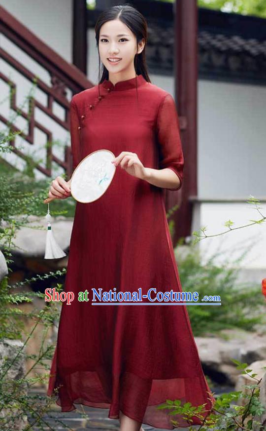 Traditional Chinese National Costume Hanfu Slant Opening Red Qipao Dress, China Tang Suit Cheongsam for Women