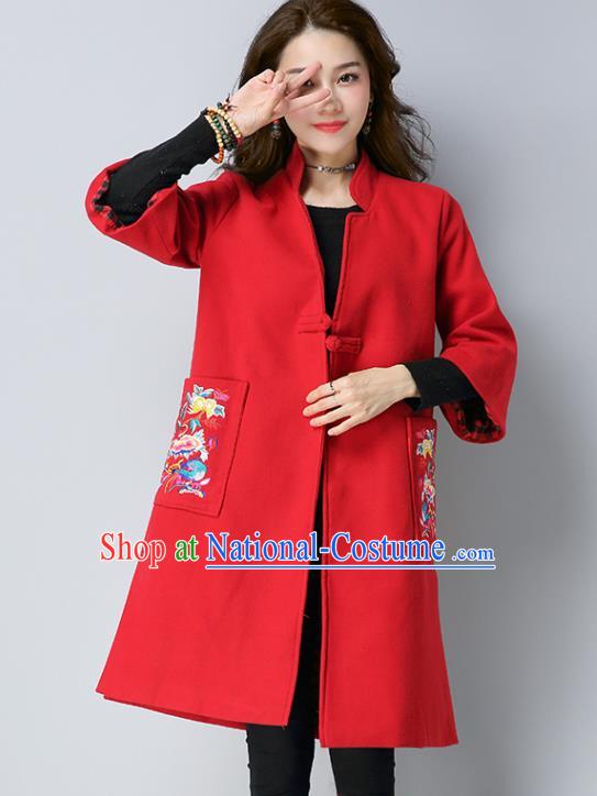 Traditional Chinese National Costume Hanfu Embroidered Red Coat, China Tang Suit Woolen Dust Coat for Women