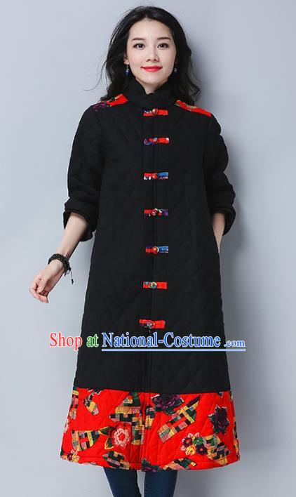 Traditional Chinese National Costume Hanfu Embroidered Cotton-padded Coat, China Tang Suit Plated Buttons Black Dust Coat for Women