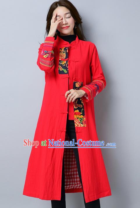 Traditional Chinese National Costume Hanfu Embroidered Red Coat, China Tang Suit Outer Garment Dust Coat for Women