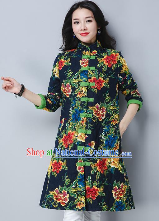 Traditional Chinese National Costume Hanfu Plated Buttons Navy Cotton-padded Coats, China Tang Suit Coat for Women