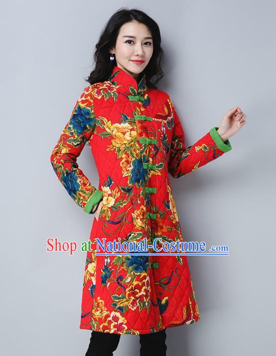 Traditional Chinese National Costume Hanfu Plated Buttons Red Cotton-padded Coats, China Tang Suit Coat for Women