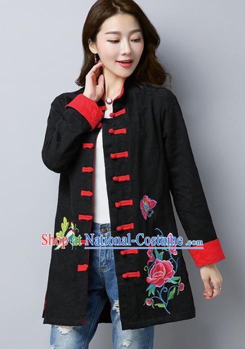 Traditional Chinese National Costume Hanfu Plated Buttons Black Embroidered Coats, China Tang Suit Coat for Women