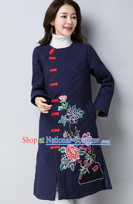 Traditional Chinese National Costume Hanfu Navy Embroidered Dust Coat, China Tang Suit Outer Garment Coat for Women