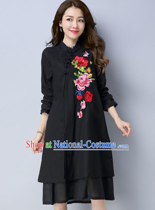 Traditional Chinese National Costume Hanfu Embroidered Black Qipao Dress, China Tang Suit Cheongsam for Women