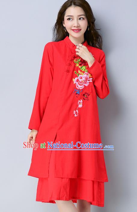 Traditional Chinese National Costume Hanfu Embroidered Red Qipao Dress, China Tang Suit Cheongsam for Women