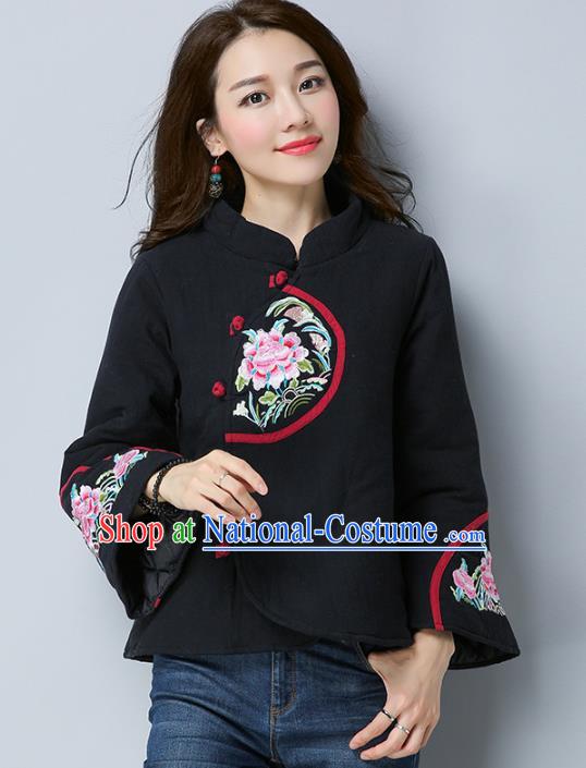 Traditional Chinese National Costume Hanfu Embroidered Peony Cotton-padded Jacket, China Tang Suit Black Coat for Women