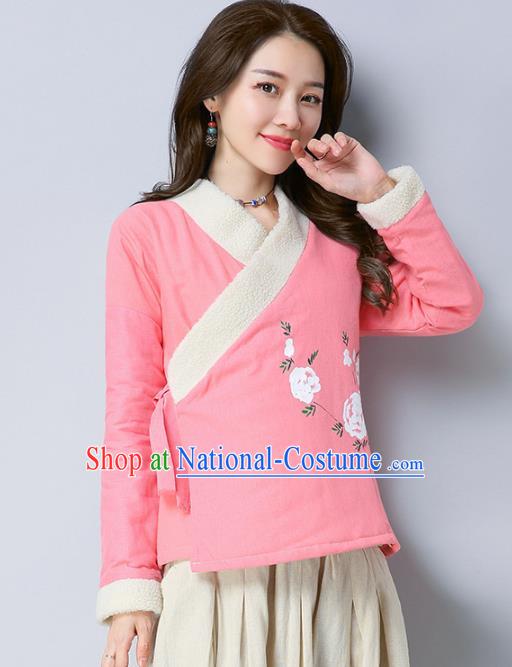 Traditional Chinese National Costume Hanfu Slant Opening Pink Blouse, China Tang Suit Cheongsam Upper Outer Garment Shirt for Women