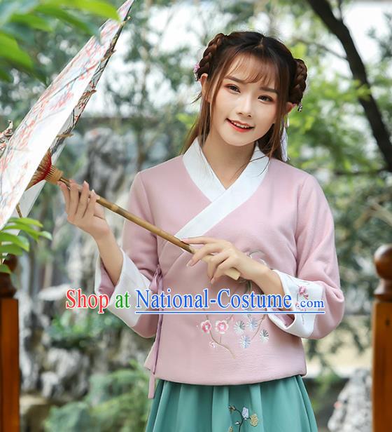 Traditional Chinese National Costume Hanfu Embroidery Pink Blouse, China Tang Suit Cheongsam Upper Outer Garment Shirt for Women