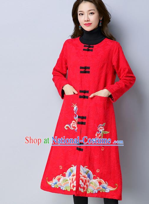 Traditional Chinese National Costume Hanfu Red Embroidered Dust Coat, China Tang Suit Long Coat for Women