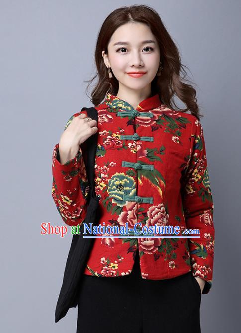 Traditional Chinese National Costume Hanfu Red Cotton-padded Jacket, China Tang Suit Coat for Women