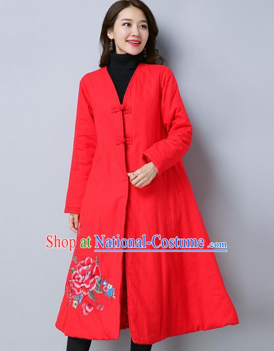 Traditional Chinese National Costume Hanfu Embroidered Red Cotton-padded Coat, China Tang Suit Coat for Women