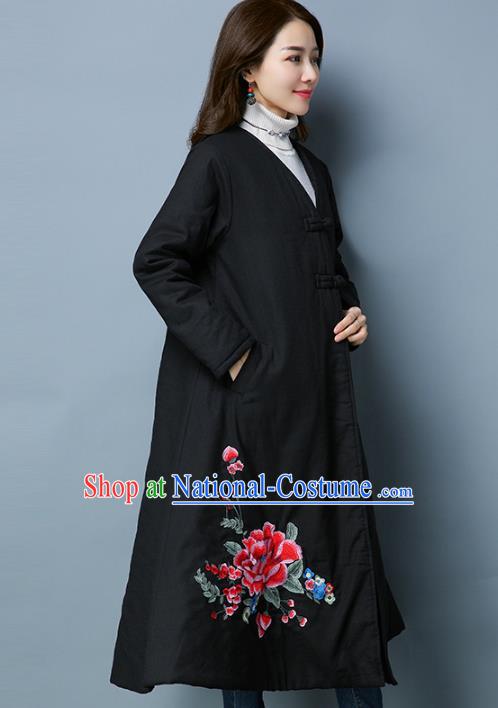 Traditional Chinese National Costume Hanfu Embroidered Black Cotton-padded Coat, China Tang Suit Coat for Women