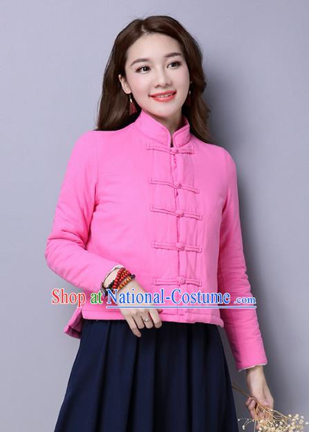 Traditional Chinese National Costume Hanfu Rosy Cotton-padded Jacket, China Tang Suit Coat for Women