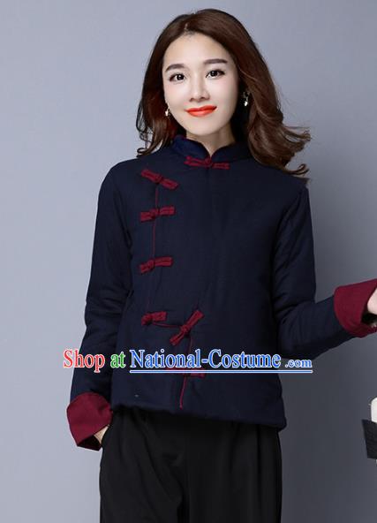 Traditional Chinese National Costume Hanfu Navy Cotton-padded Jacket, China Tang Suit Coat for Women