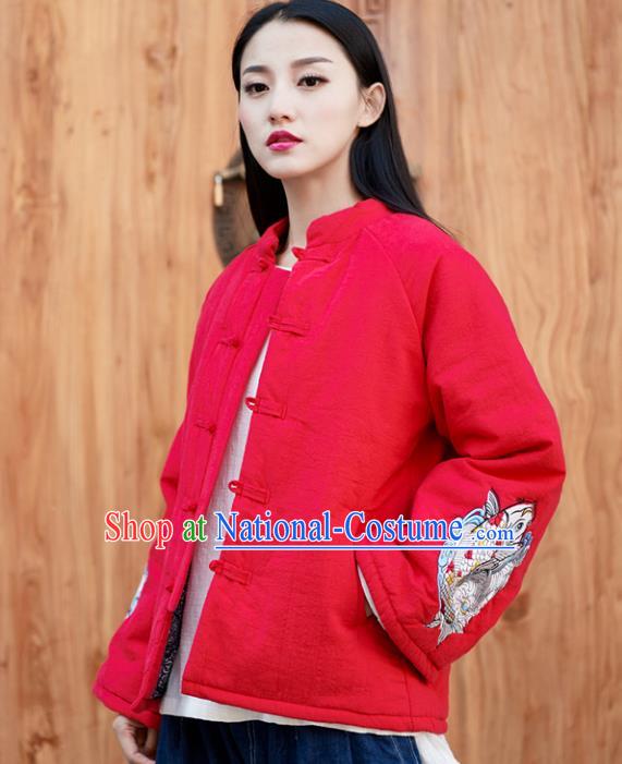 Traditional Chinese National Costume Hanfu Embroidered Red Cotton-padded Jacket, China Tang Suit Red Coat for Women