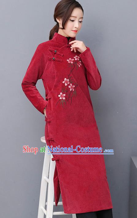 Traditional Chinese National Costume Hanfu Wine Red Qipao, China Tang Suit Cheongsam Dress for Women