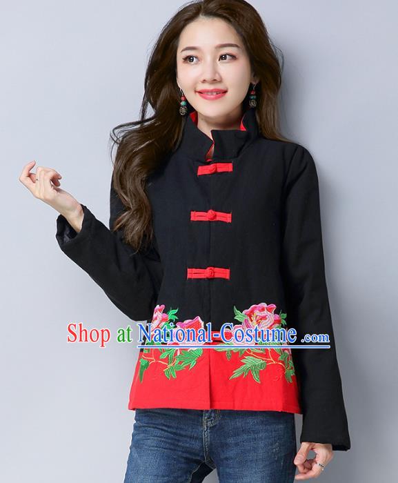 Traditional Chinese National Costume Hanfu Black Embroidered Jacket, China Tang Suit Coat for Women