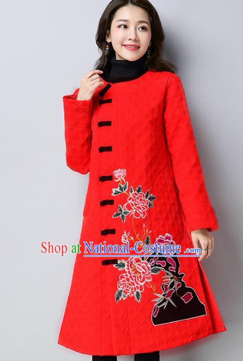 Traditional Chinese National Costume Hanfu Red Embroidered Dust Coat, China Tang Suit Outer Garment Coat for Women