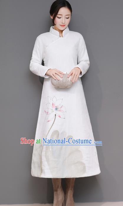 Traditional Chinese National Costume Hanfu White Qipao Dress, China Tang Suit Cheongsam for Women