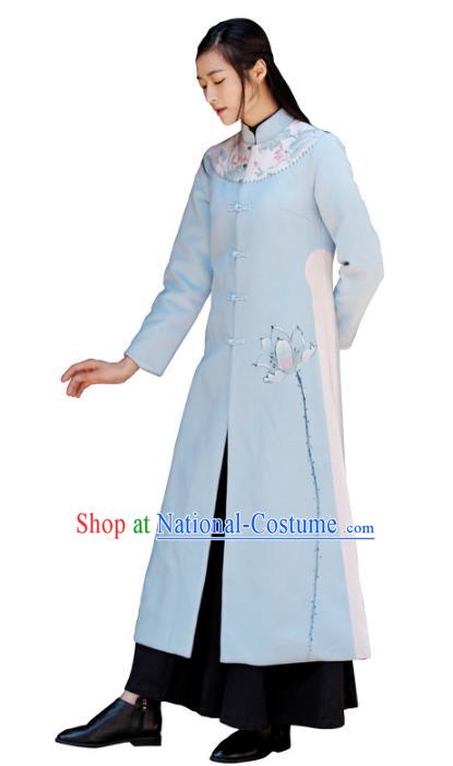 Traditional Chinese National Costume Hanfu Painting Lotus Qipao Coat, China Tang Suit Cheongsam Dust Coat for Women