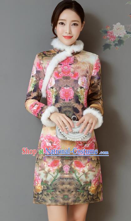 Traditional Chinese National Costume Hanfu Printing Peony Qipao Dress, China Tang Suit Cheongsam for Women