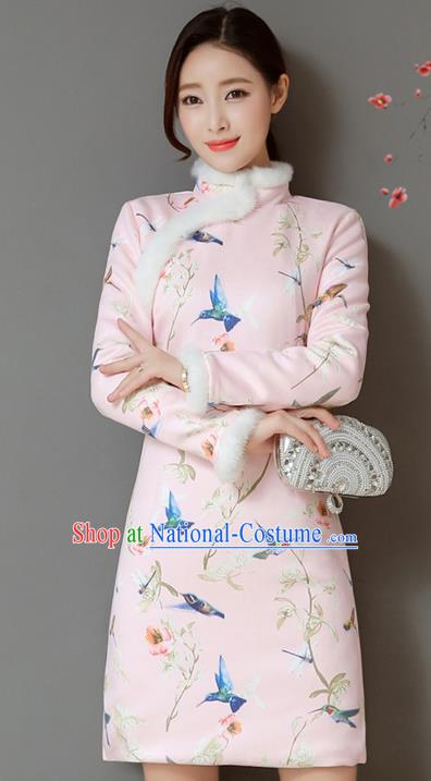 Traditional Chinese National Costume Hanfu Printing Birds Pink Qipao Dress, China Tang Suit Cheongsam for Women