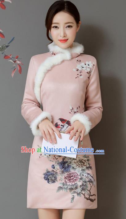 Traditional Chinese National Costume Hanfu Printing Flowers Pink Qipao Dress, China Tang Suit Cheongsam for Women