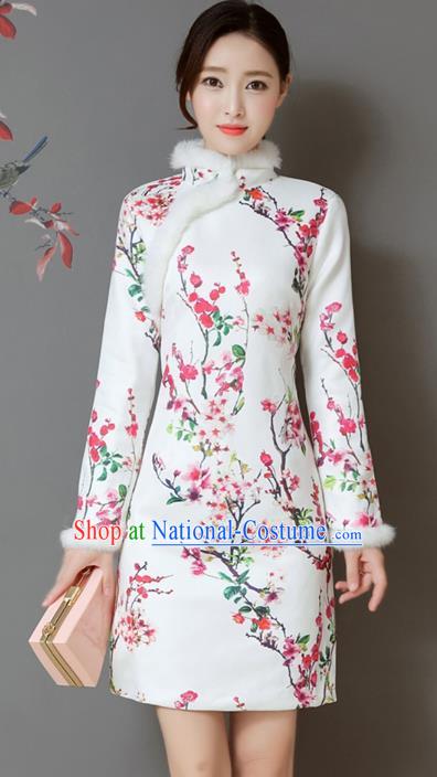 Traditional Chinese National Costume Hanfu Printing Wintersweet White Qipao Dress, China Tang Suit Cheongsam for Women