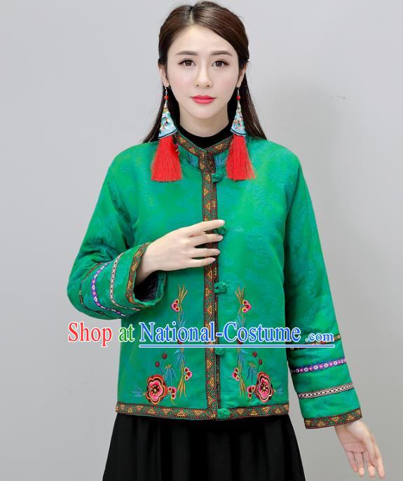 Traditional Chinese National Costume Hanfu Embroidered Green Jacket, China Tang Suit Coat for Women