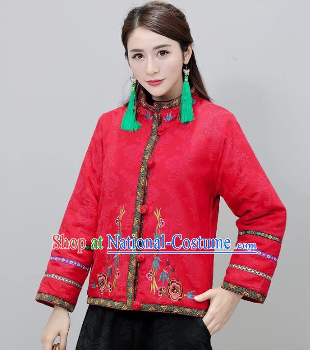 Traditional Chinese National Costume Hanfu Embroidered Red Jacket, China Tang Suit Coat for Women