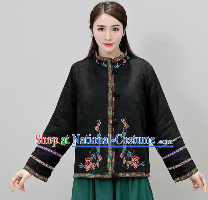 Traditional Chinese National Costume Hanfu Embroidered Black Jacket, China Tang Suit Coat for Women